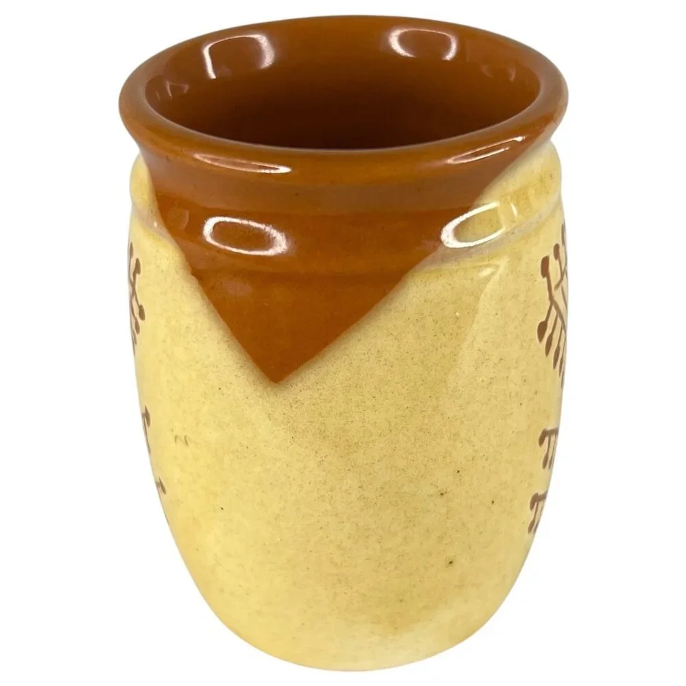 Handcrafted Ceramic‎ Mini Crock Brown & Yellow Finish And Geometric Tree Pattern